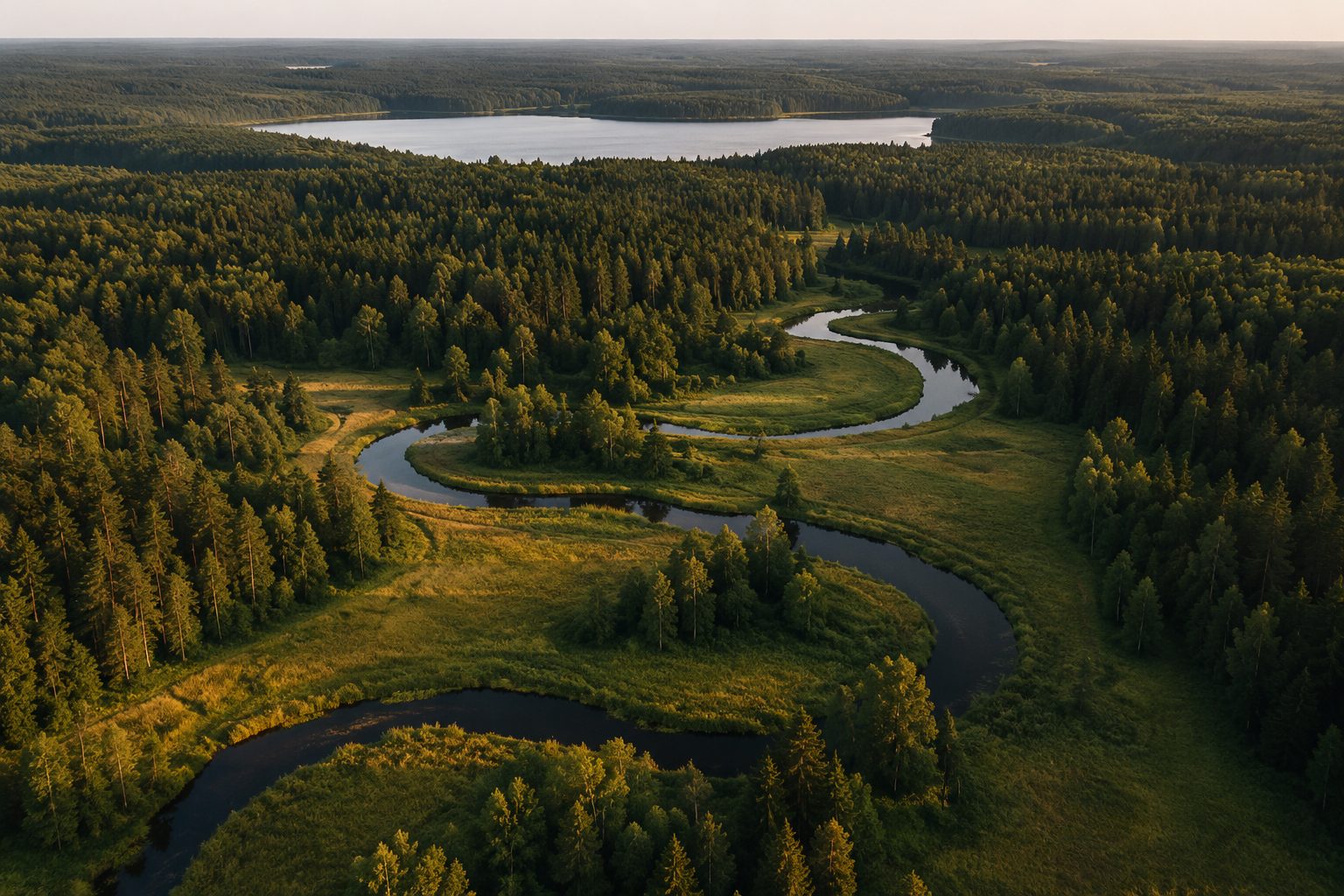 Meandrująca rzeka wśród lasów Puszczy Augustowskiej niedaleko Gorczycy, gmina Płaska
