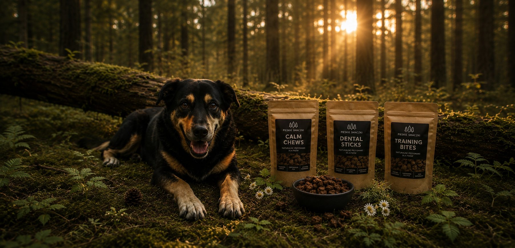 Pies w Puszczy Augustowskiej z pełną rodziną produktów Pieskie Smaczki: Calm Chews, Dental Sticks i Training Bites